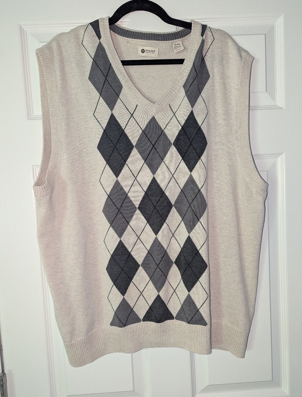 Haggar Men’s XXL Argyle Sweater Vest Beige Gray V Neck Cotton Acrylic Golf Prepp